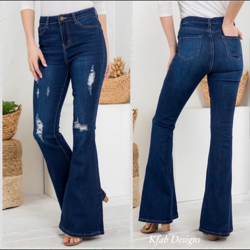 New! Clearance 🍇 Boho Gypsy High Waist Dark Denim Distressed Flare Jeans - Picture 5 of 7